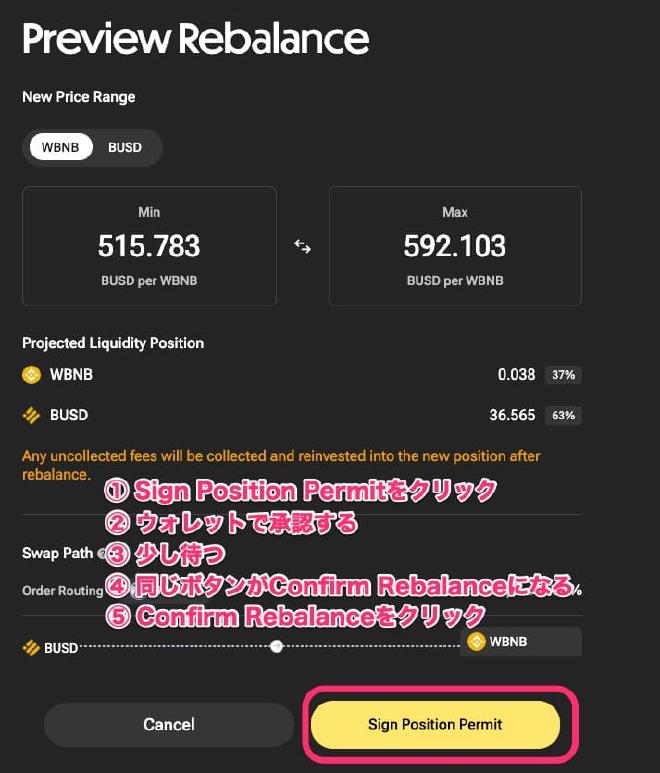 Sign Position Permitをクリックしてから少し待ってConfirm Rebalanceをクリック